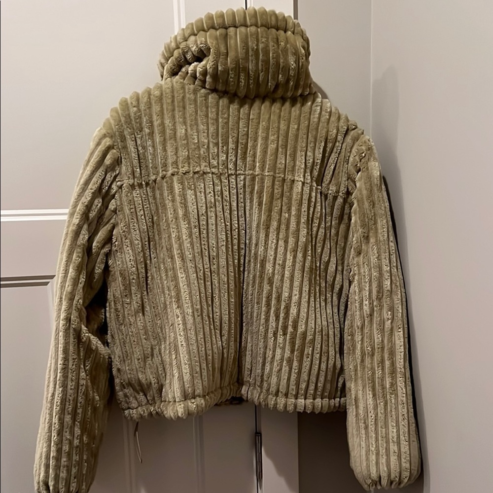 Pale Green Ribbed Faux Fur Jacket - Picture 3 of 6